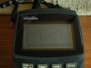 A photo of a scope reading of the signal at TP 26 showing stepped wave